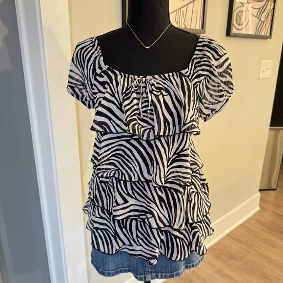 Vintage Ruffled Blouse \ Y2K Zebra Print Top by IZ Byer - Picture 1 of 13